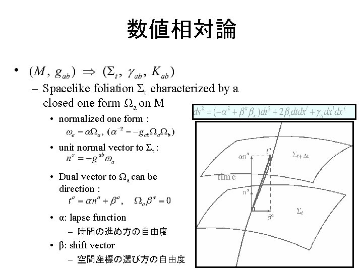 数値相対論 • – Spacelike foliation Σt characterized by a closed one form Ωa on