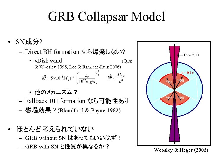 GRB Collapsar Model • SN成分? – Direct BH formation なら爆発しない? • νDisk wind 　