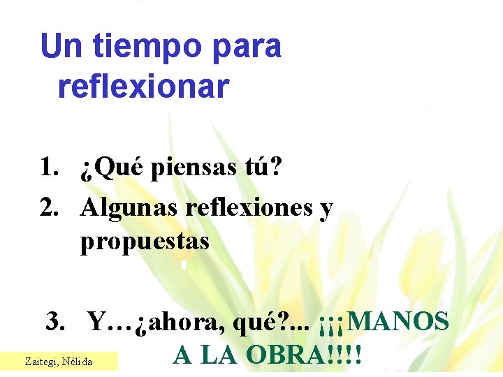 Un tiempo para reflexionar 1. ¿Qué piensas tú? 2. Algunas reflexiones y propuestas 3.