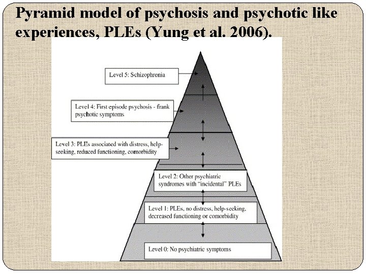 Pyramid model of psychosis and psychotic like experiences, PLEs (Yung et al. 2006). 