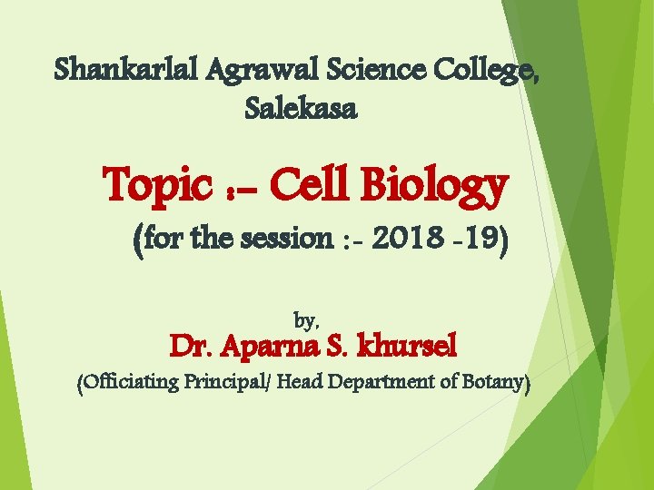 Shankarlal Agrawal Science College, Salekasa Topic : - Cell Biology (for the session :