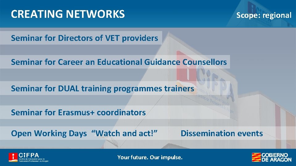 CREATING NETWORKS Scope: regional Seminar for Directors of VET providers Seminar for Career an