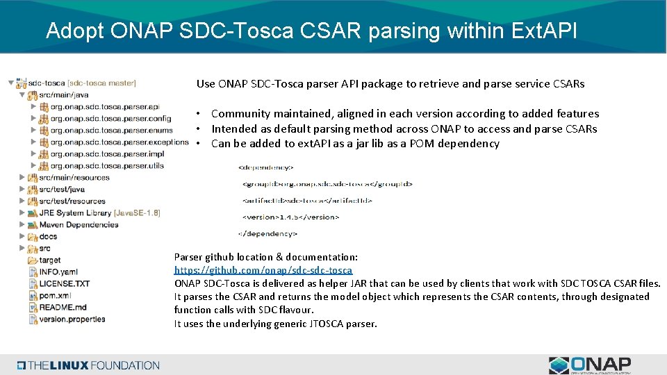 Adopt ONAP SDC-Tosca CSAR parsing within Ext. API Use ONAP SDC-Tosca parser API package