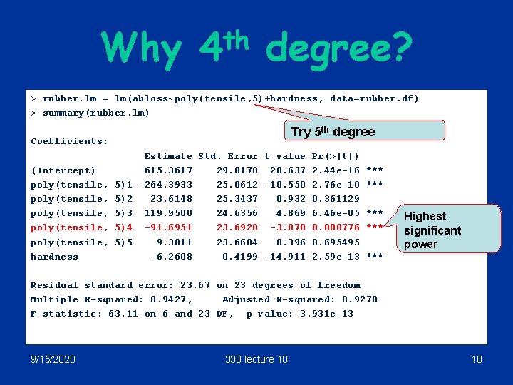 Why th 4 degree? > rubber. lm = lm(abloss~poly(tensile, 5)+hardness, data=rubber. df) > summary(rubber.