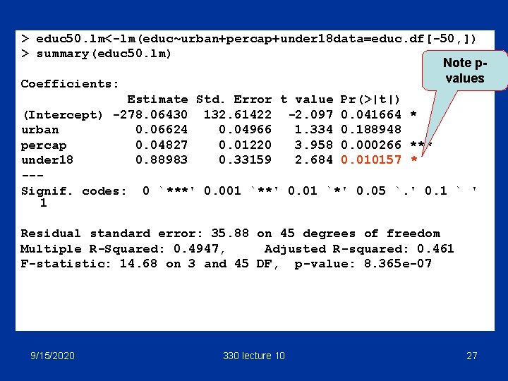 > educ 50. lm<-lm(educ~urban+percap+under 18 data=educ. df[-50, ]) > summary(educ 50. lm) Note pvalues