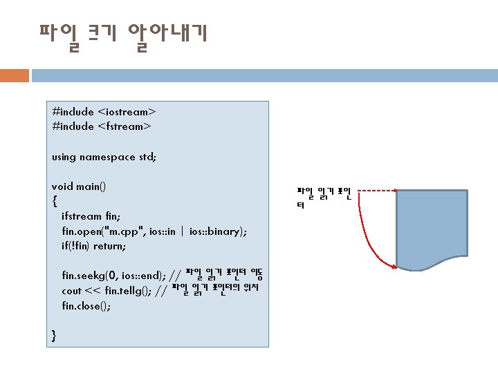 파일 크기 알아내기 #include <iostream> #include <fstream> using namespace std; void main() { ifstream