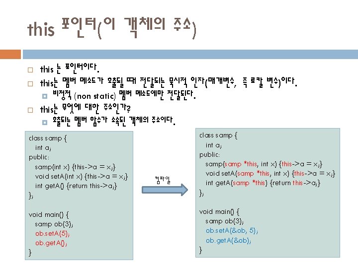 this 포인터(이 객체의 주소) this 는 포인터이다. this는 멤버 메소드가 호출될 때 전달되는 묵시적