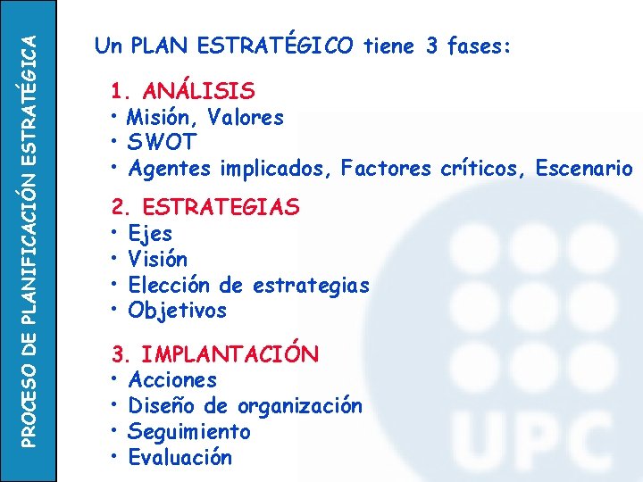 PROCESO DE PLANIFICACIÓN ESTRATÉGICA Un PLAN ESTRATÉGICO tiene 3 fases: 1. ANÁLISIS • Misión,