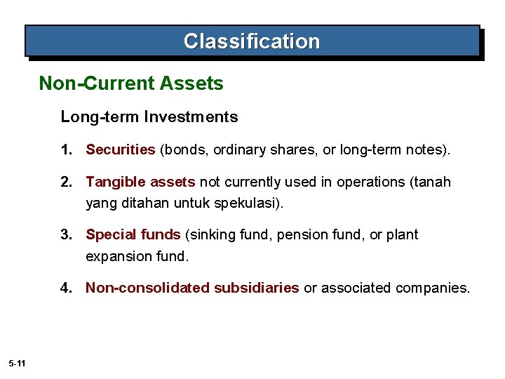 Classification Non-Current Assets Long-term Investments 1. Securities (bonds, ordinary shares, or long-term notes). 2.