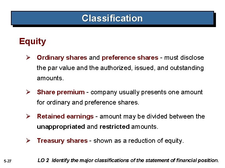 Classification Equity Ø Ordinary shares and preference shares - must disclose the par value