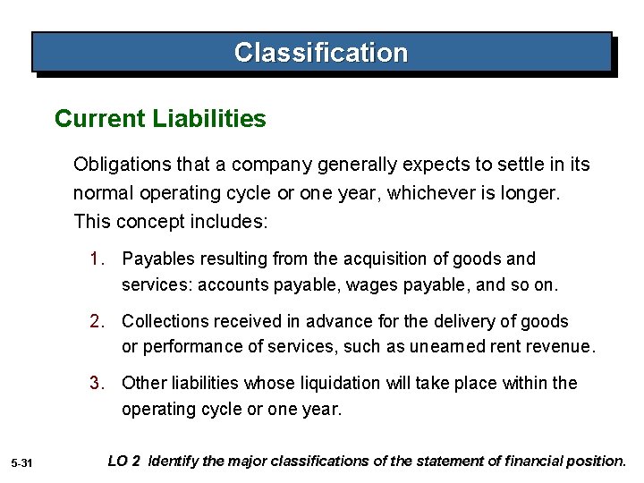 Classification Current Liabilities Obligations that a company generally expects to settle in its normal