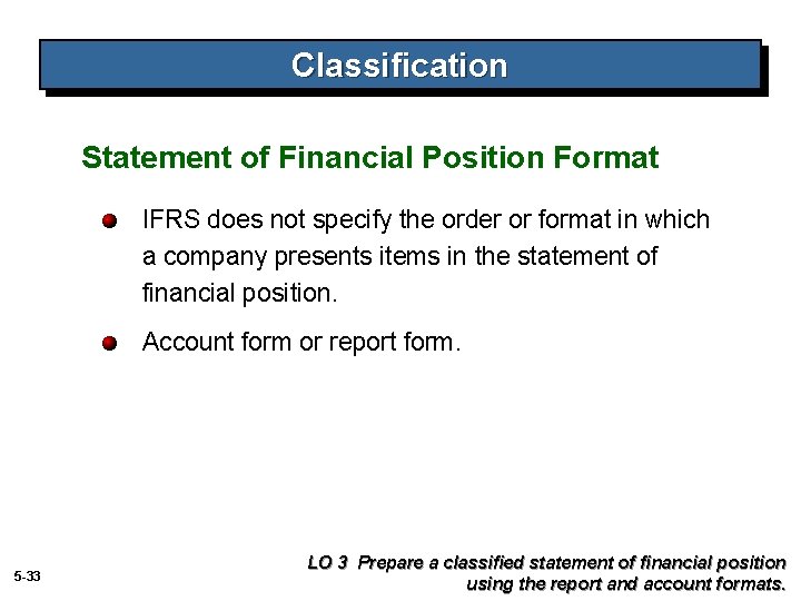 Classification Statement of Financial Position Format IFRS does not specify the order or format