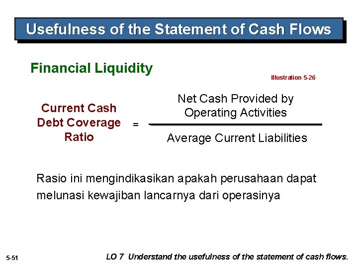 Usefulness of the Statement of Cash Flows Financial Liquidity Current Cash Debt Coverage =