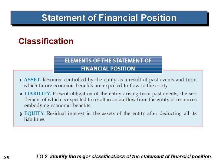 Statement of Financial Position Classification 5 -8 LO 2 Identify the major classifications of