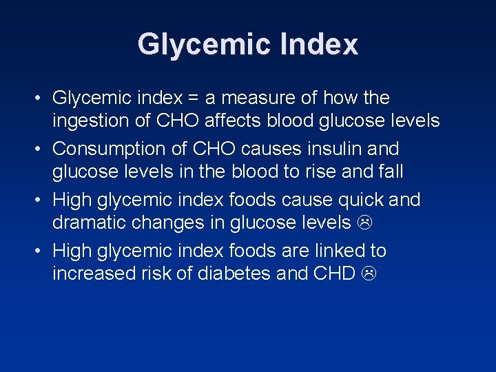 Glycemic Index • Glycemic index = a measure of how the ingestion of CHO Glycemic Index • Glycemic index = a measure of how the ingestion of CHO