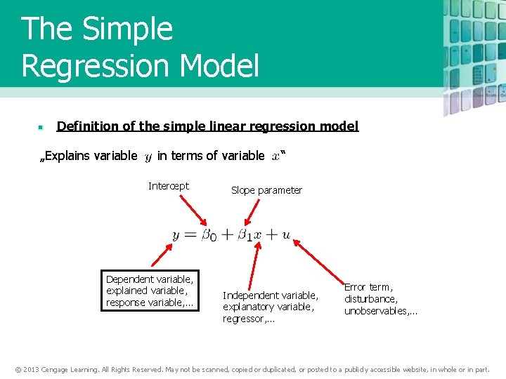 The Simple Regression Model Definition of the simple linear regression model „Explains variable in