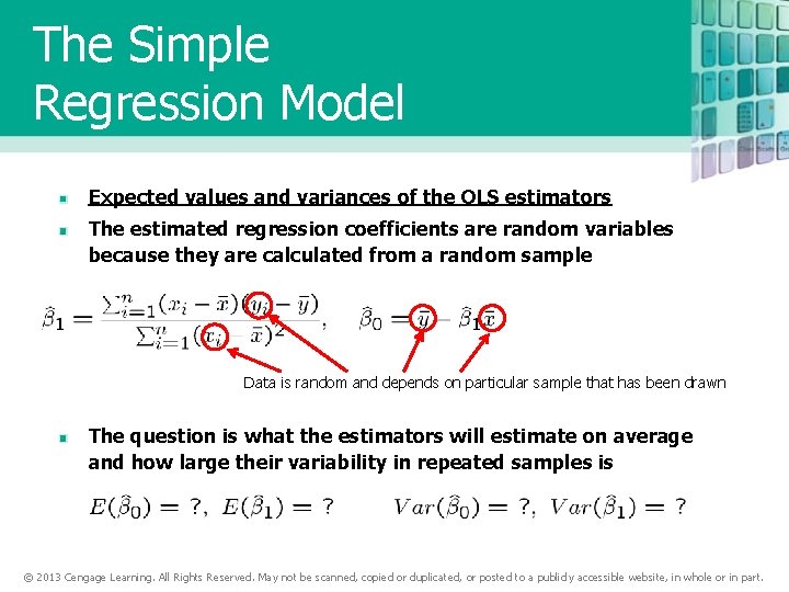 The Simple Regression Model Expected values and variances of the OLS estimators The estimated