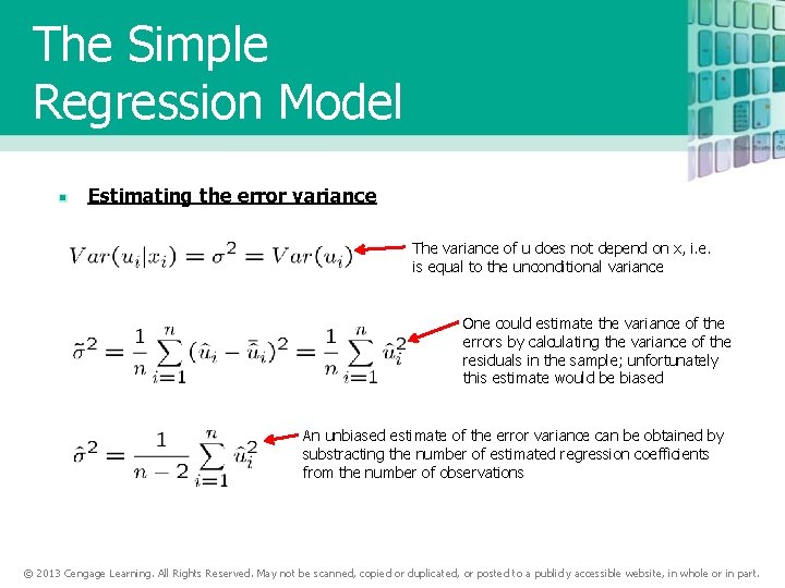 The Simple Regression Model Estimating the error variance The variance of u does not