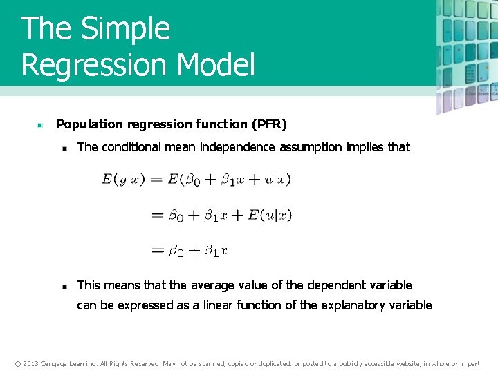 The Simple Regression Model Population regression function (PFR) The conditional mean independence assumption implies