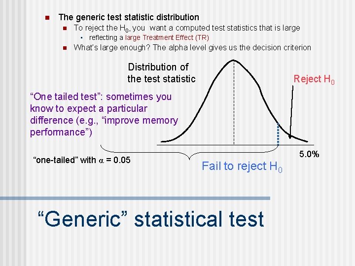 n The generic test statistic distribution n To reject the H 0, you want