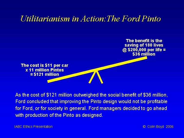 Utilitarianism in Action: The Ford Pinto The benefit is the saving of 180 lives