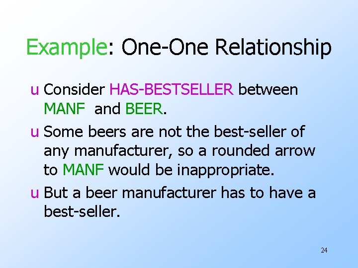 Example: One-One Relationship u Consider HAS-BESTSELLER between MANF and BEER. u Some beers are