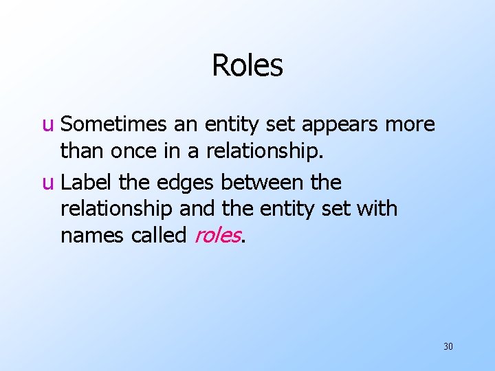 Roles u Sometimes an entity set appears more than once in a relationship. u