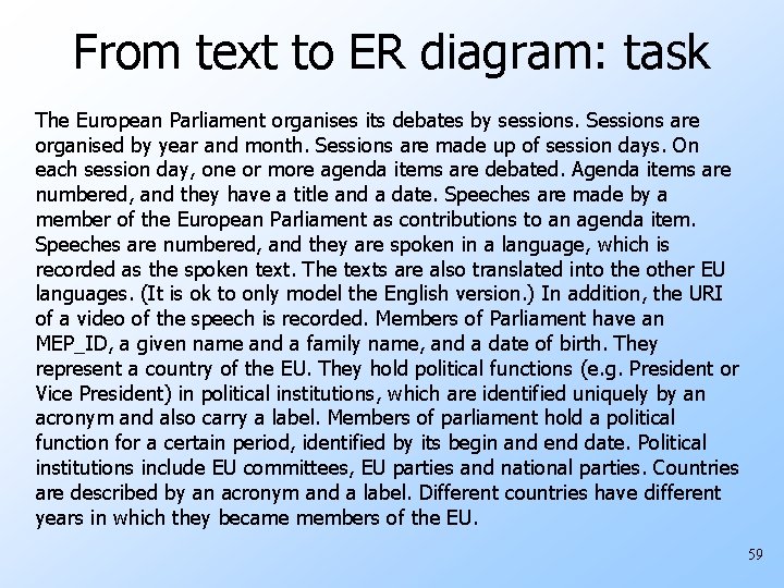 From text to ER diagram: task The European Parliament organises its debates by sessions.