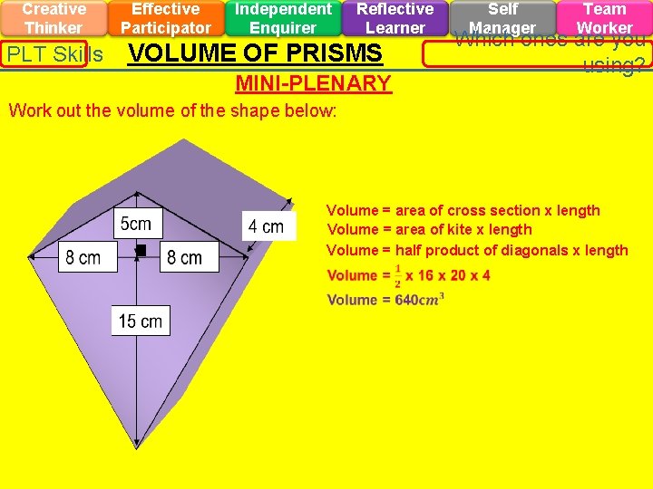 Creative Thinker PLT Skills Effective Participator Independent Enquirer Reflective Learner VOLUME OF PRISMS MINI-PLENARY