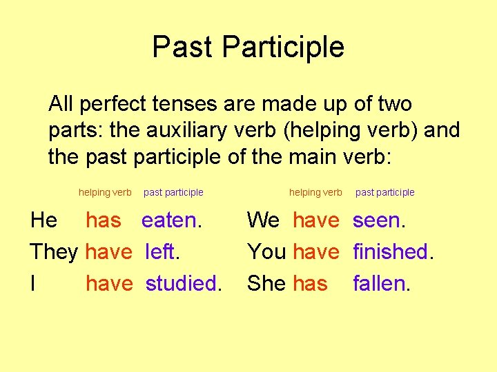 Past Participle All perfect tenses are made up of two parts: the auxiliary verb