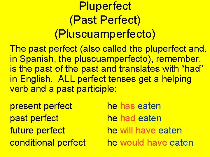 Pluperfect (Past Perfect) (Pluscuamperfecto) The past perfect (also called the pluperfect and, in Spanish,