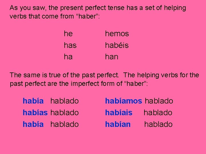 As you saw, the present perfect tense has a set of helping verbs that