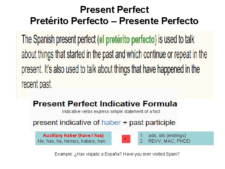 Present Perfect Pretérito Perfecto – Presente Perfecto Indicative verbs express simple statement of a