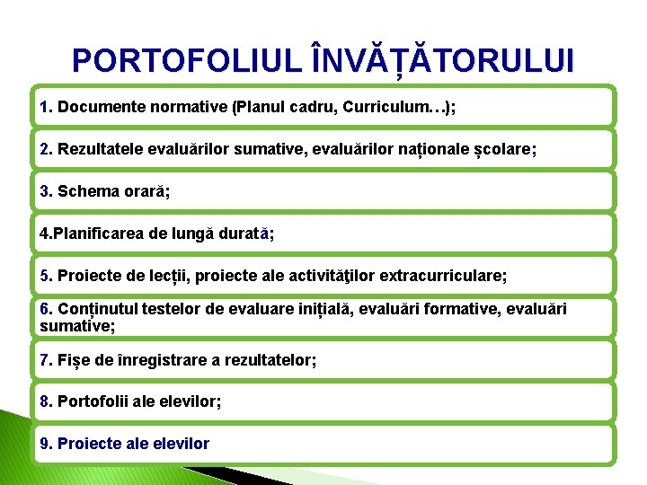 PORTOFOLIUL ÎNVĂȚĂTORULUI 1. Documente normative (Planul cadru, Curriculum…); 2. Rezultatele evaluărilor sumative, evaluărilor naționale