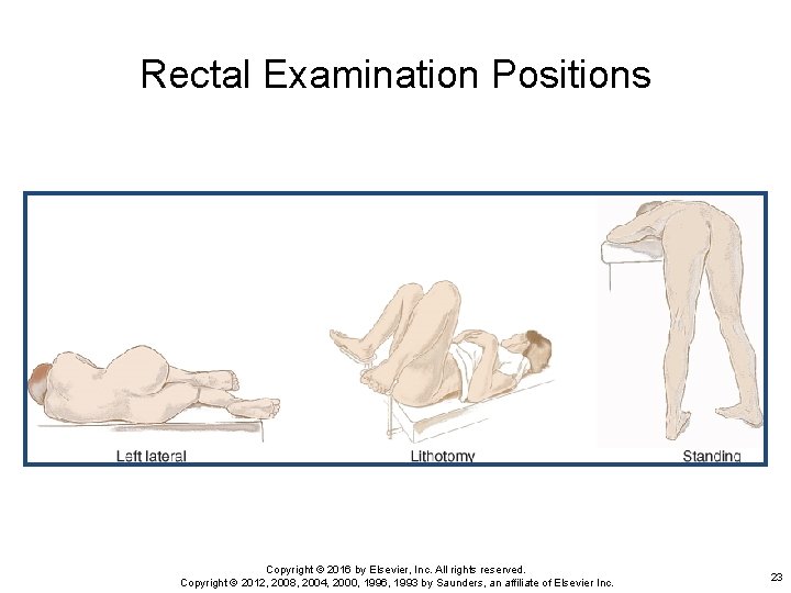 Rectal Examination Positions Copyright © 2016 by Elsevier, Inc. All rights reserved. Copyright ©