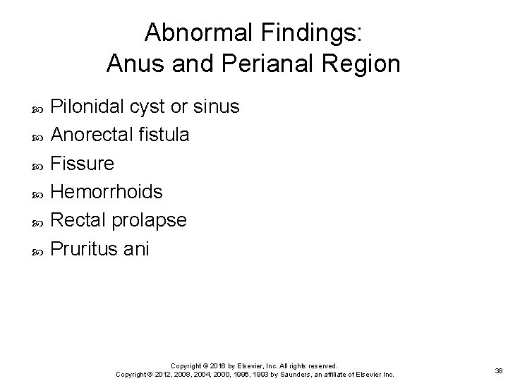 Abnormal Findings: Anus and Perianal Region Pilonidal cyst or sinus Anorectal fistula Fissure Hemorrhoids
