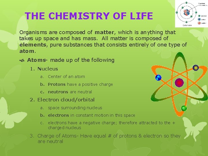 THE CHEMISTRY OF LIFE Organisms are composed of matter, which is anything that takes