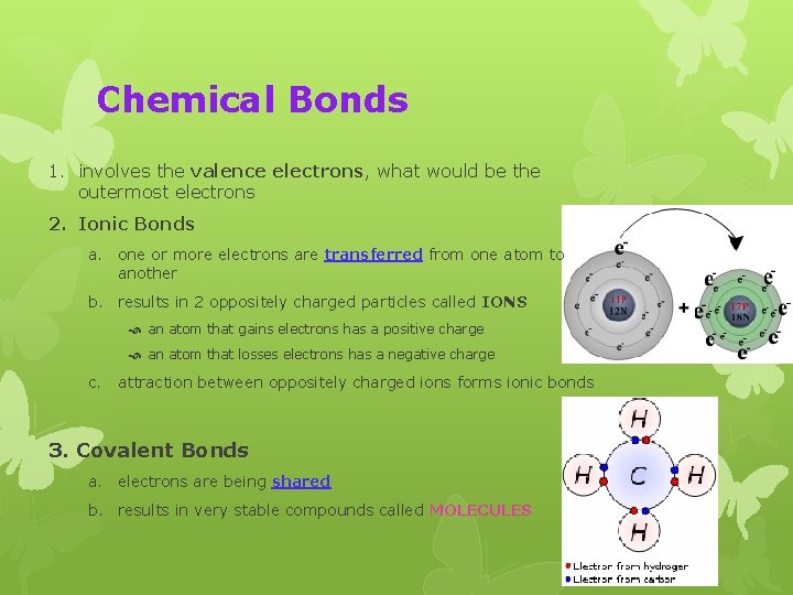 Chemical Bonds 1. involves the valence electrons, what would be the outermost electrons 2.