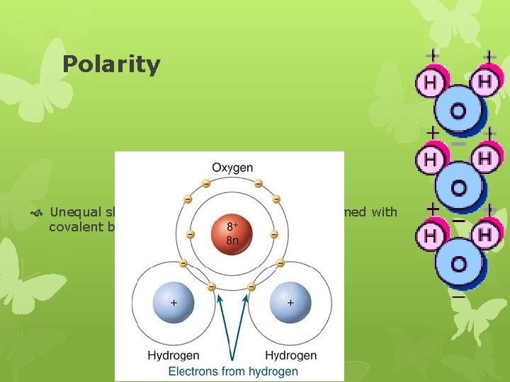 Polarity Unequal sharing of electrons in molecules formed with covalent bonds 