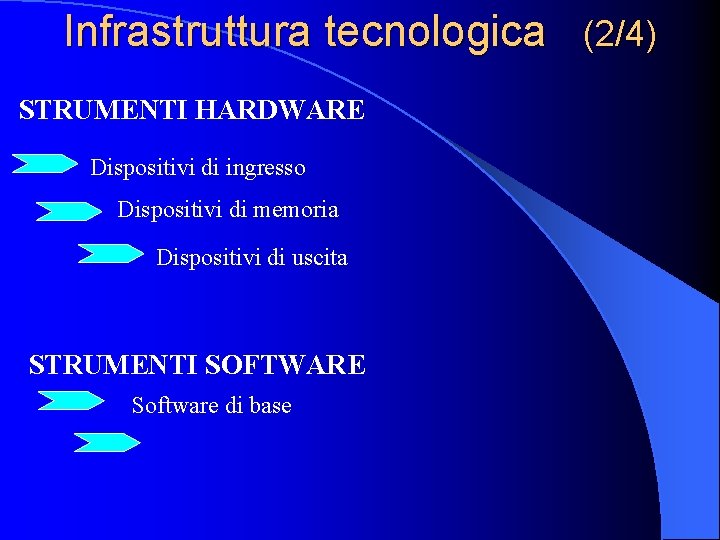 Infrastruttura tecnologica (2/4) STRUMENTI HARDWARE Dispositivi di ingresso Dispositivi di memoria Dispositivi di uscita