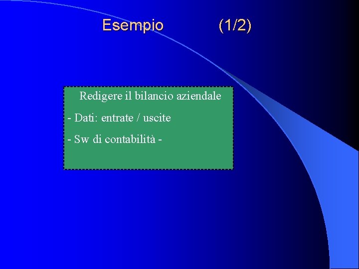 Esempio (1/2) Redigere il bilancio aziendale - Dati: entrate / uscite - Sw di