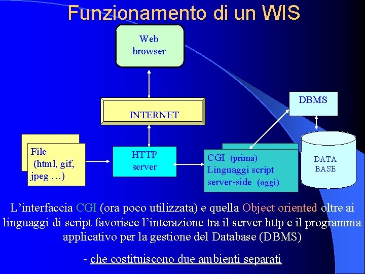 Funzionamento di un WIS Web browser DBMS INTERNET File (html, gif, jpeg …) HTTP