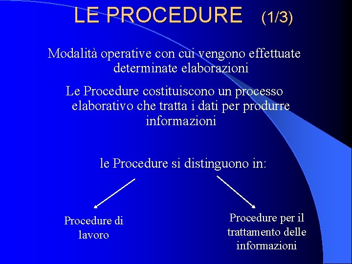 LE PROCEDURE (1/3) Modalità operative con cui vengono effettuate determinate elaborazioni Le Procedure costituiscono