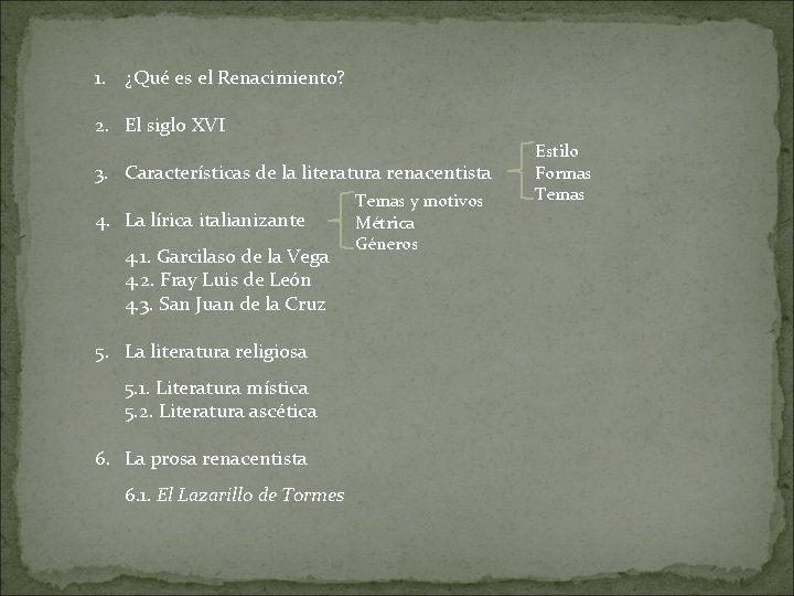 1. ¿Qué es el Renacimiento? 2. El siglo XVI 3. Características de la literatura