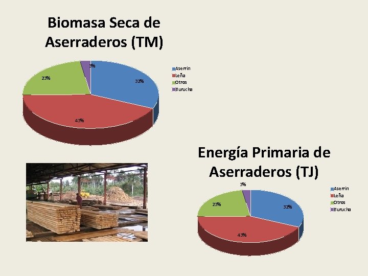 Biomasa Seca de Aserraderos (TM) 3% 23% 32% Aserrin Leña Otros Burucha 43% Energía