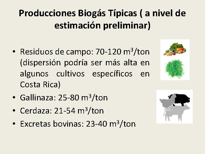 Producciones Biogás Típicas ( a nivel de estimación preliminar) • Residuos de campo: 70