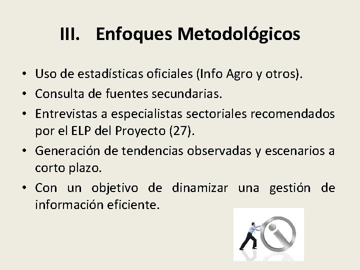 III. Enfoques Metodológicos • Uso de estadísticas oficiales (Info Agro y otros). • Consulta