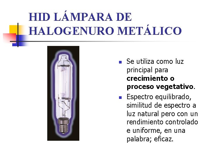 HID LÁMPARA DE HALOGENURO METÁLICO n n Se utiliza como luz principal para crecimiento