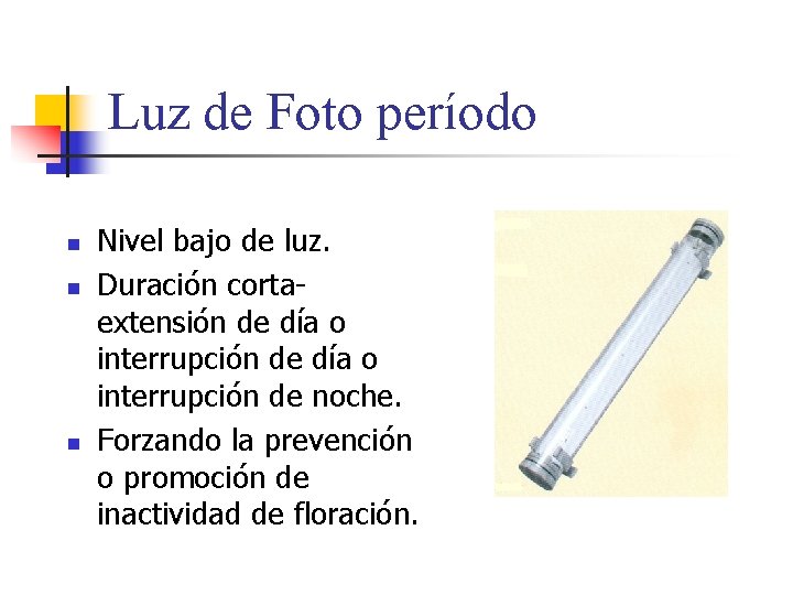 Luz de Foto período n n n Nivel bajo de luz. Duración corta- extensión