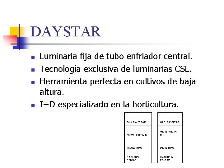 DAYSTAR n n Luminaria fija de tubo enfriador central. Tecnología exclusiva de luminarias CSL.